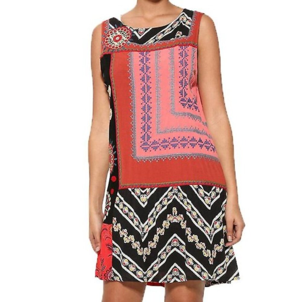 Desigual $189 Embroidered Patchwork Mixed Patterns Boho Shift Dress size 38 US 6